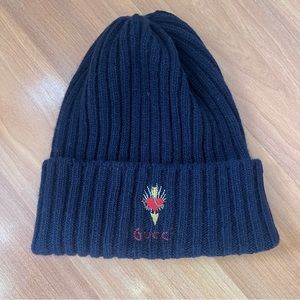 Gucci Black Knit Beanie with Red and Gold Embroidery